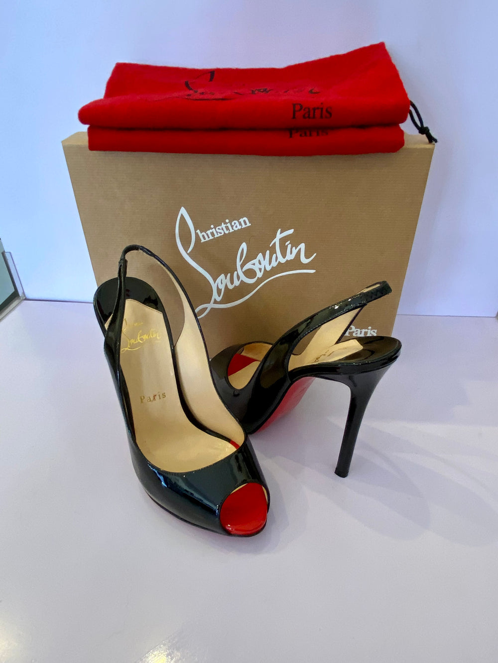 Pre Loved Christian Louboutin Flo Sling 120 Black Patent UK4