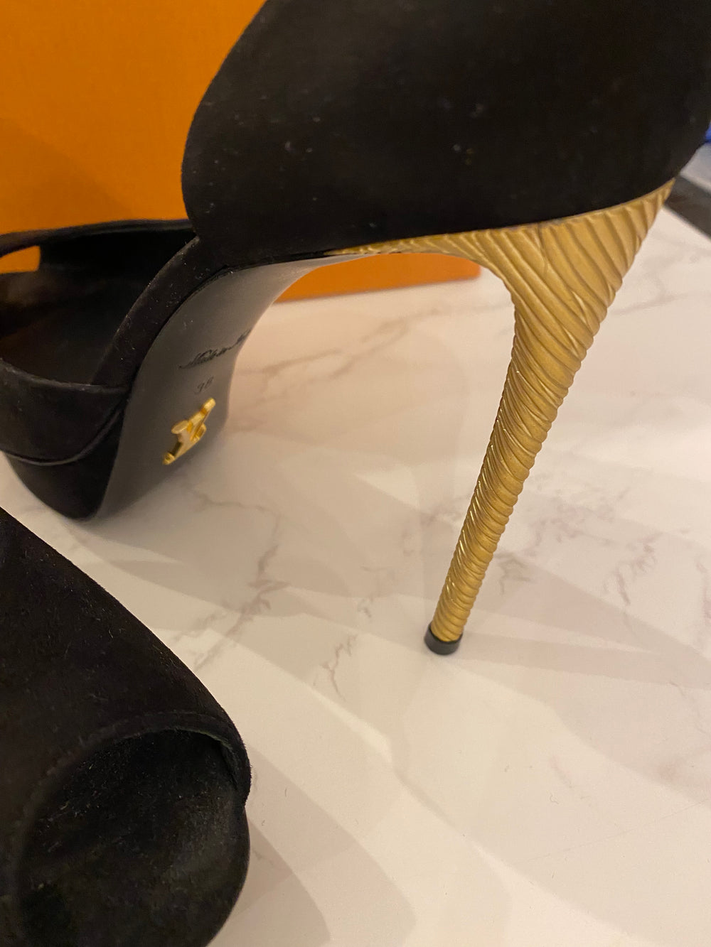 Pre Loved Louis Vuitton Black Suede Peep Toe Heels with Gold Tone Heels UK5