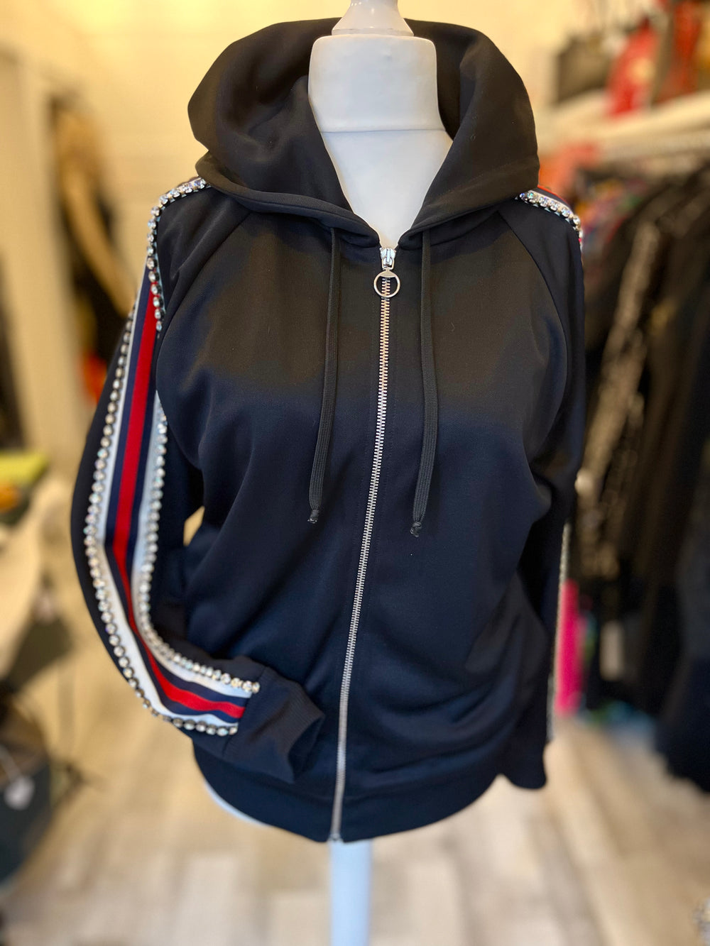 Pre Loved Gucci Track Hoodie Jacket with Crystals on sleeves (excellent)