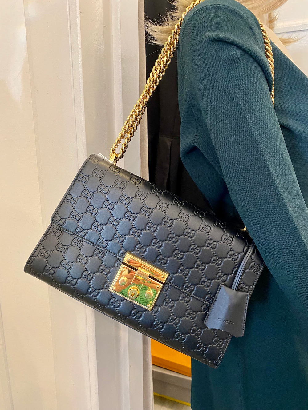 Pre Loved Gucci Guccissima Padlock Shoulder Bag in Black Leather
