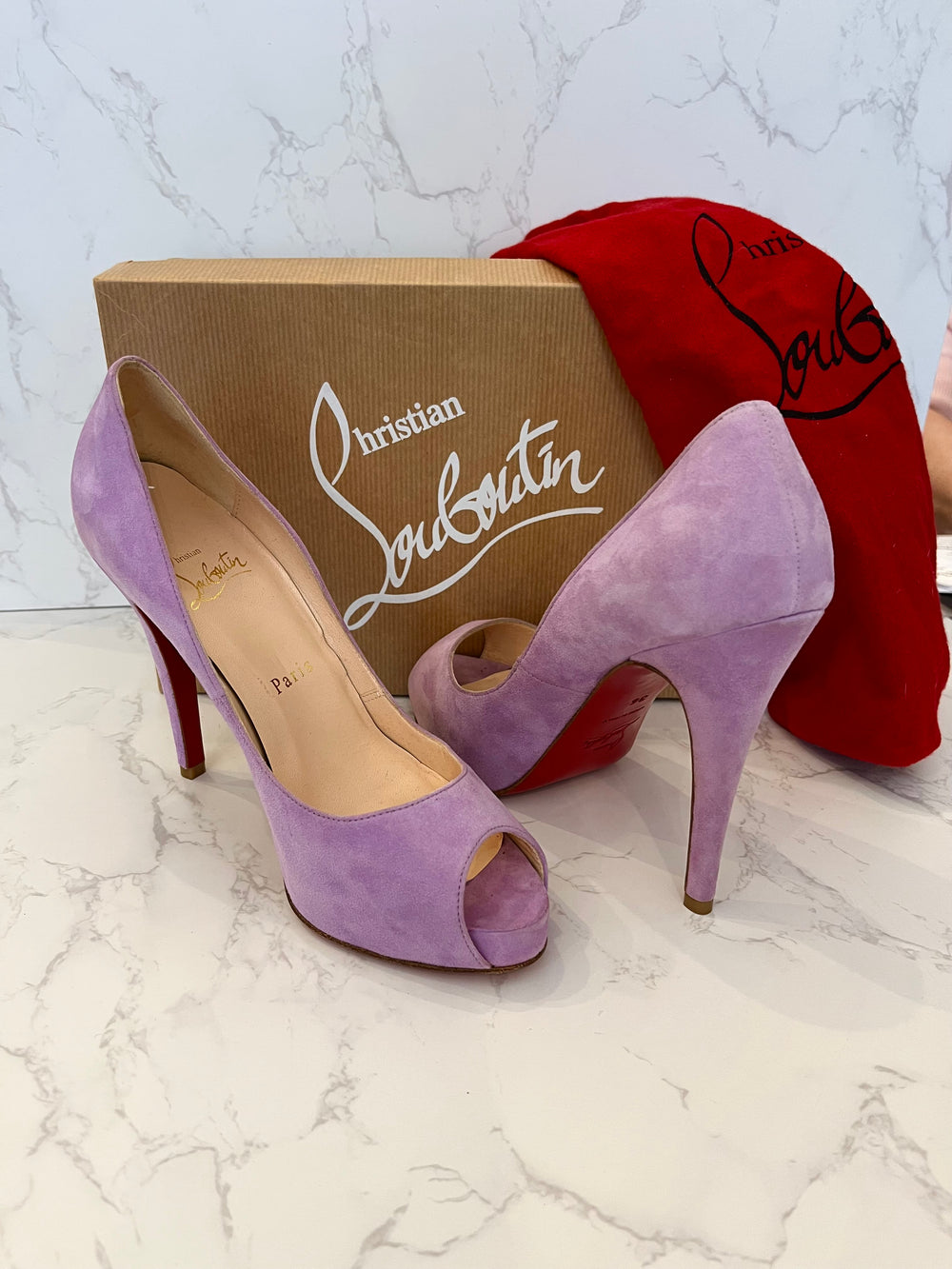 Pre Loved Christian Louboutin Very Prive 120 Lilac Suede Heels UK 3