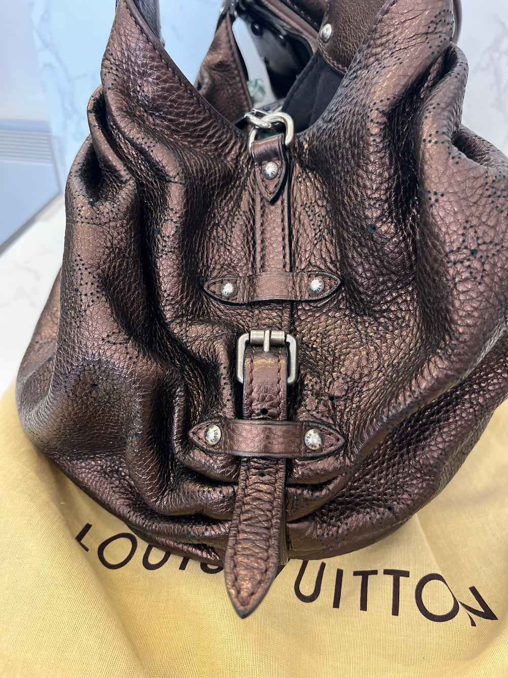 Pre Loved Louis Vuitton Bronze Metallic Mahina Leather Slouchy Bag