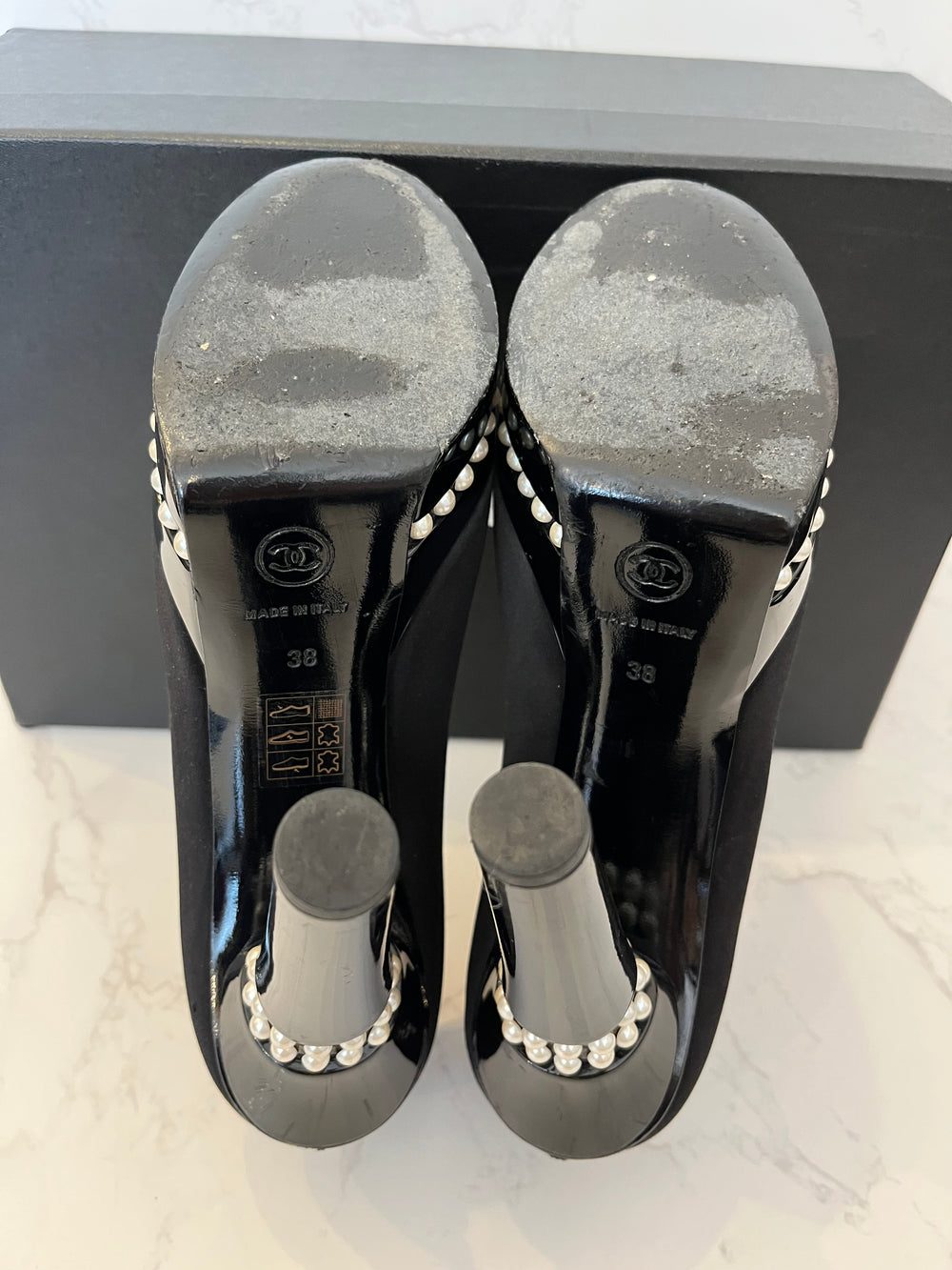 Pre Loved Chanel Black Satin & Patent Leather Heels Pearl Trim UK 5