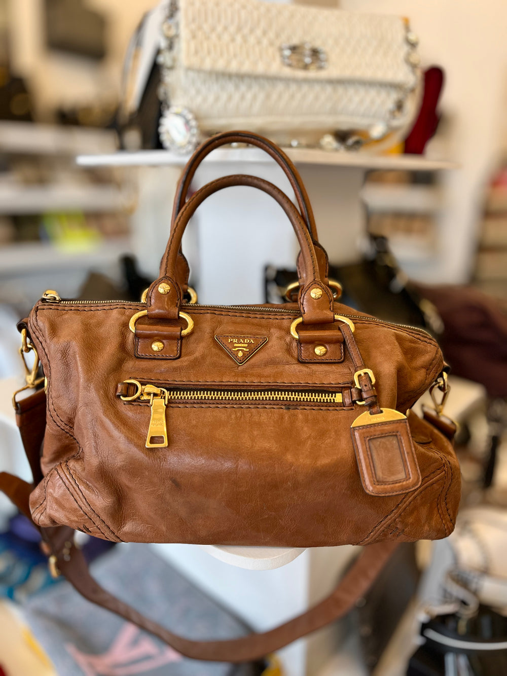 Pre Loved Prada Tan Leather Shoulder & Handbag