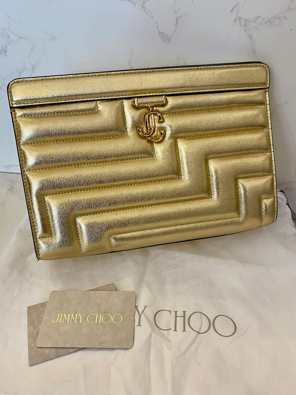 Pre Loved Jimmy Choo Avenue Gold Metallic Quilted Clutch (excellent)