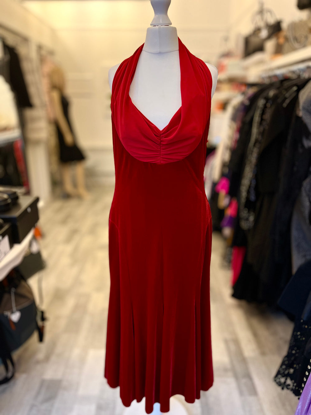 Pre Loved Amanda Wakeley Red Velvet Halter Neck Dress fits UK10-12
