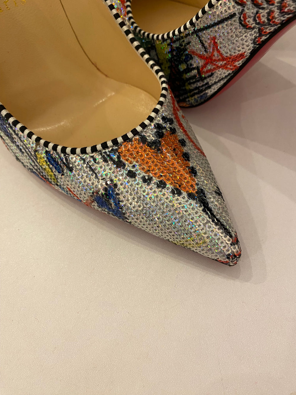 Pre Loved Christian Louboutin Decollete Silver & Multicoloured 100 Heels UK 4.5 (Excellent)