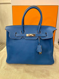 Pre Loved Hermes Birkin 35 Mykonos Blue & White Clemence  - Limited Edition - NEW