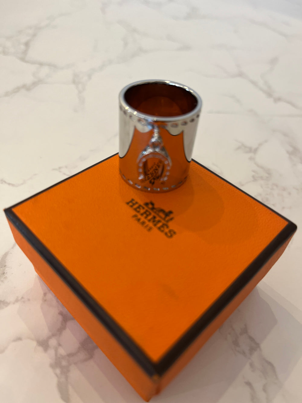 Pre Loved Hermes Horseshoe Palladium Scarf Ring (new)