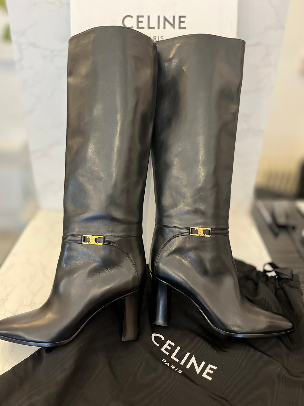 Pre Loved Celine Claude Long Black Leather Triomphe Boots UK 7 (new)