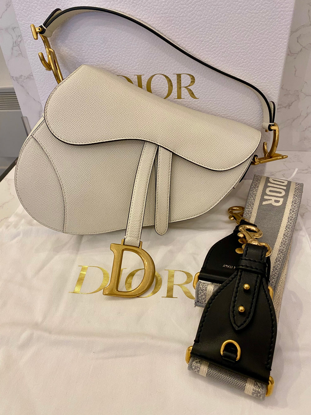 Pre Loved Christian Dior Latte Saddle Bag with Logo Web Strap  (excellent)