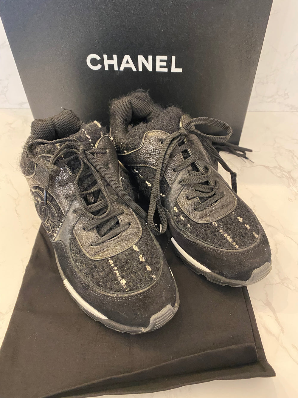 Pre Loved Chanel Black Tweed Suede Goatskin CC Sneakers Size UK 5.5