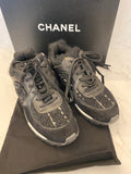 Pre Loved Chanel Black Tweed Suede Goatskin CC Sneakers Size UK 5.5