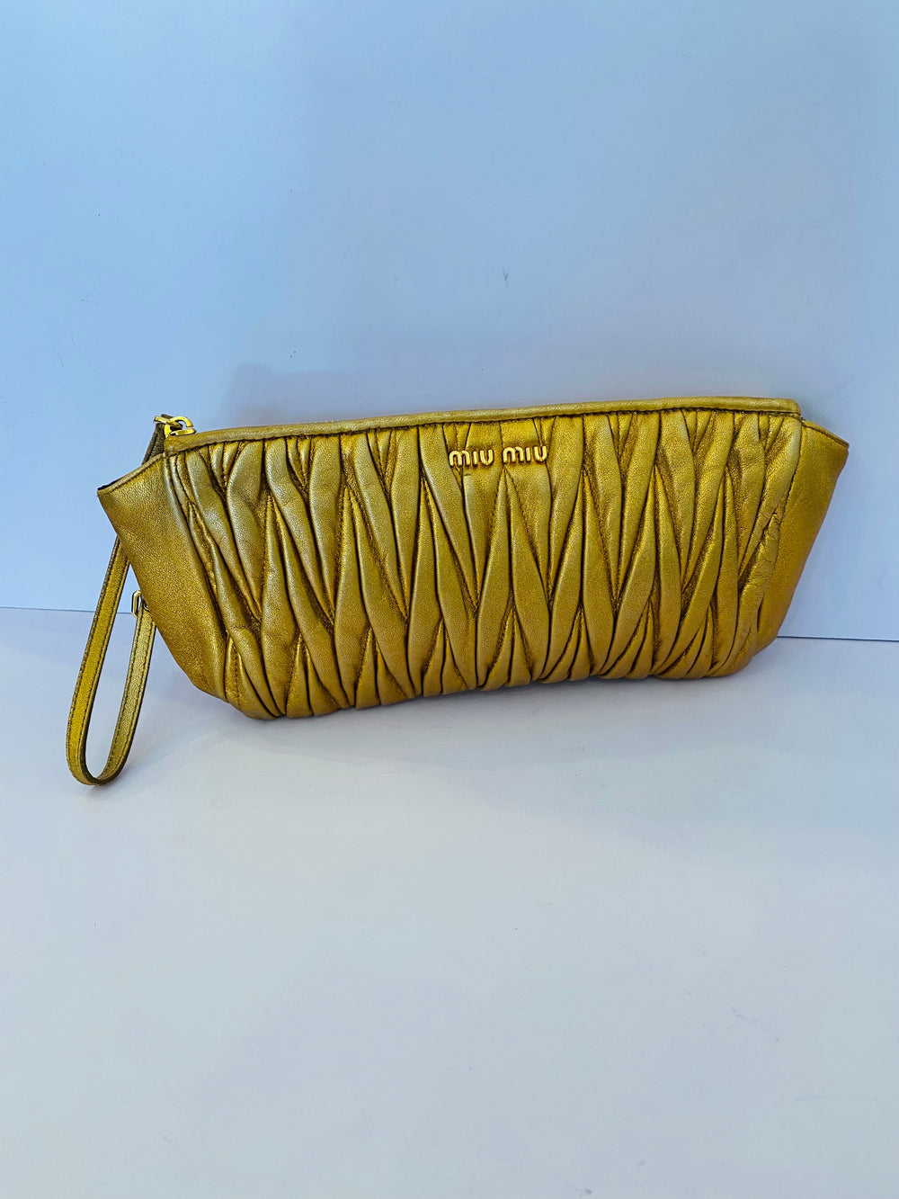 Pre Loved Miu Miu Matelasse Gold Wristlet Clutch Bag