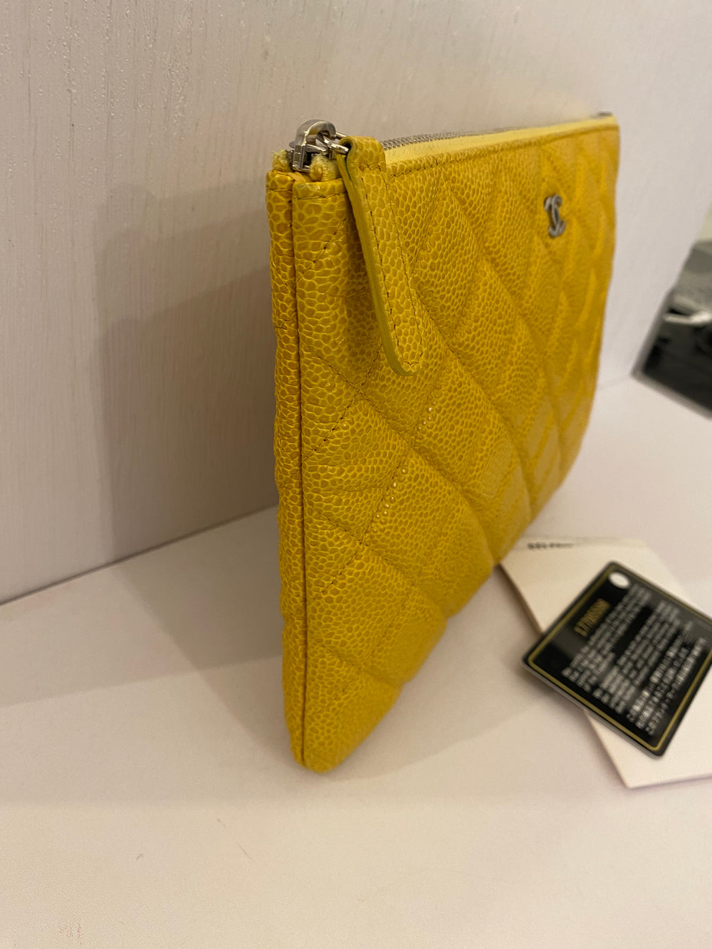 Pre Loved Chanel Yellow Quilted Caviar O-Case Classic Zip Pouch (excellent)