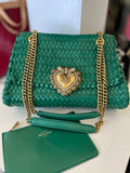 Pre Loved Dolce & Gabbana Devotion Shoulder Bag in Green Interwoven Leather with Pouch (excellent)