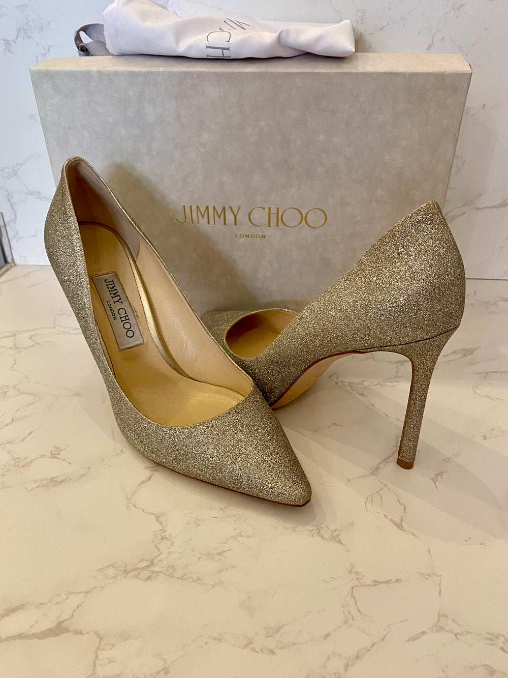 Pre Loved Jimmy Choo Romy 100 in Champagne Glitter uk6.5