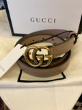 Gucci Narrow Taupe Leather GG Belt with Antique Gold Buckle - 85cm