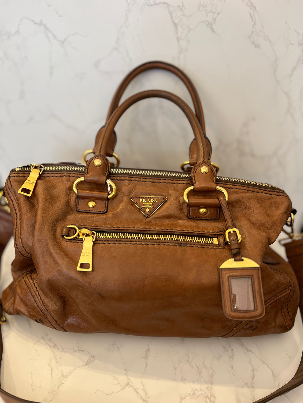 Pre Loved Prada Tan Leather Shoulder & Handbag