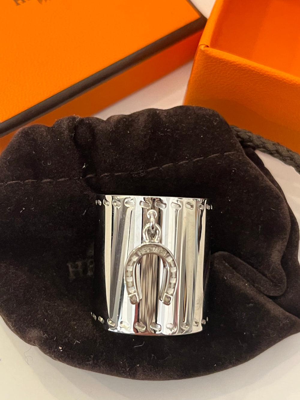 Pre Loved Hermes Horseshoe Palladium Scarf Ring (new)