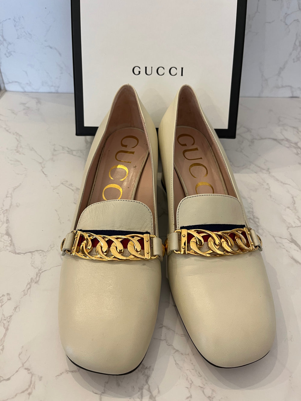Pre Loved Gucci Sylvie Ivory Leather Block Heels  UK5.5
