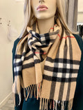 Pre Loved Burberry Cashmere Giant Beige Check Scarf (excellent)