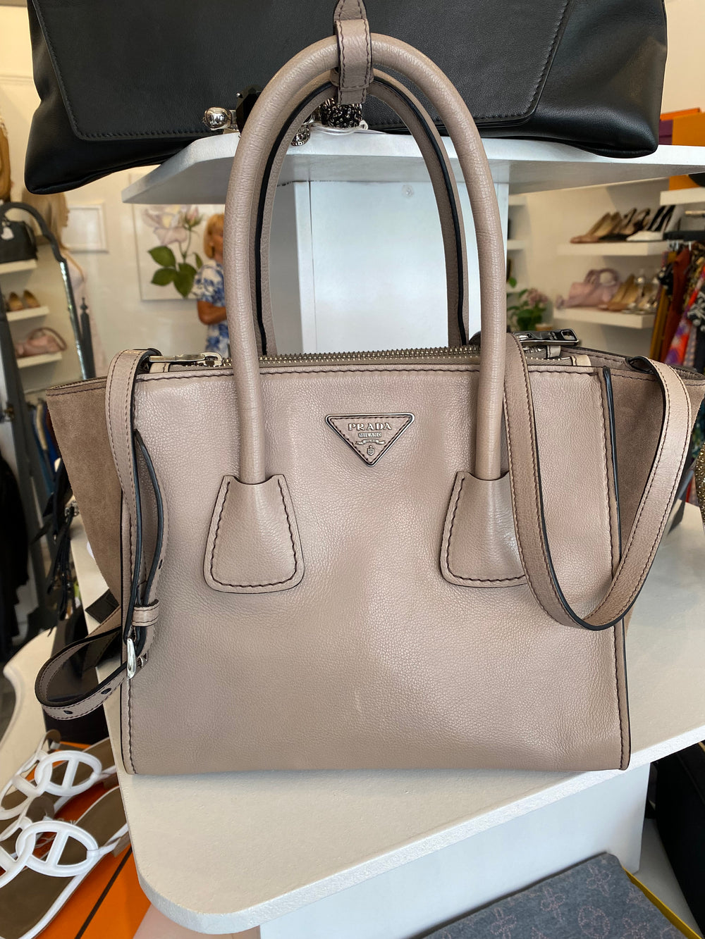 Pre Loved Prada Beige Leather and Suede Medium Tote