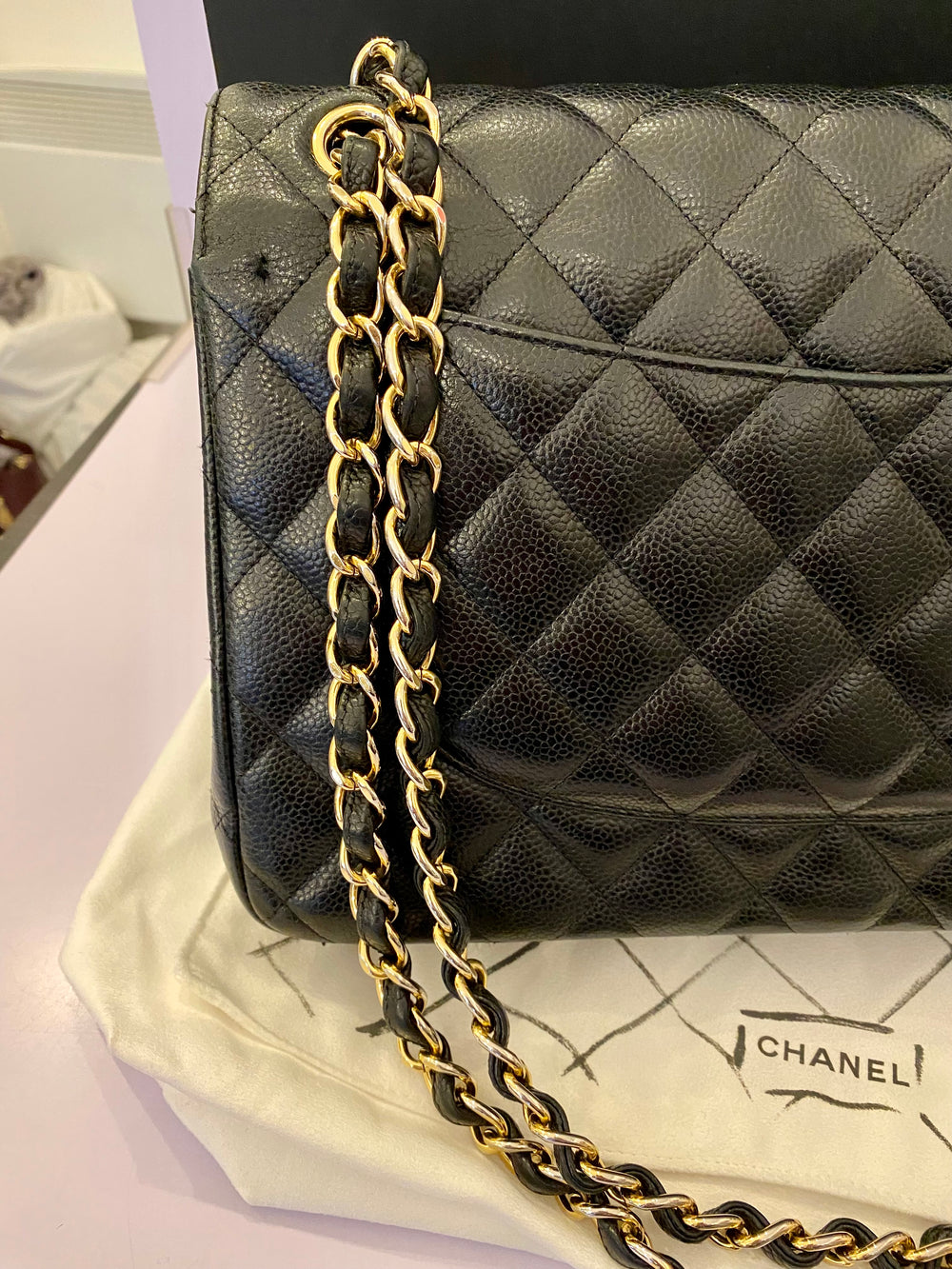 Pre Loved Chanel Double Flap Jumbo in Black Caviar Leather 2015