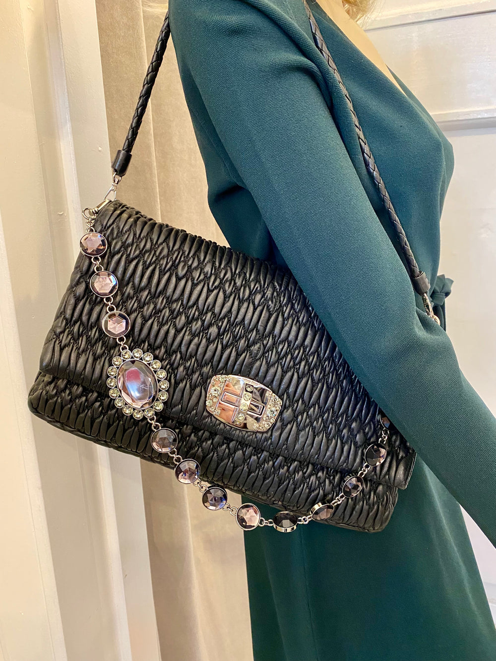 Pre Loved Miu Miu Black Matalasse Leather Crystal Cloque Flap Shoulder Bag