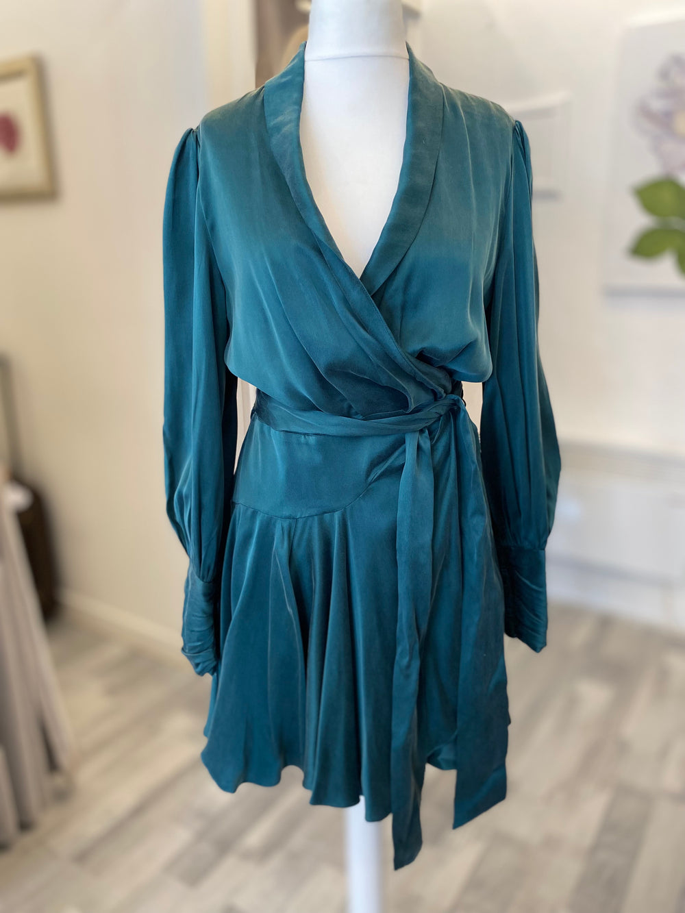 Pre Loved Zimmerman Bottle Green Silk Wrap Dress size 2 fits uk12 (excellent)