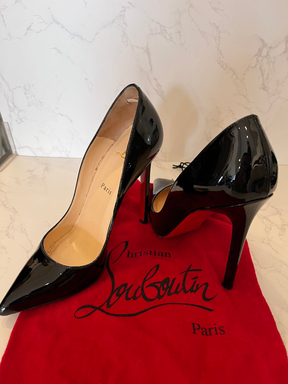 Pre Loved Christian Louboutin Pigalle 120 Black Patent Heels Size UK 3.5