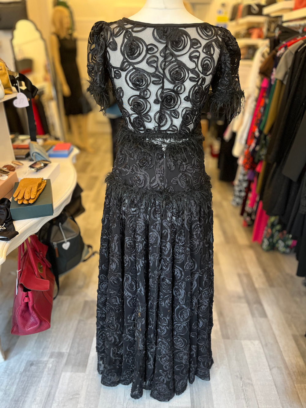 Pre Loved Spencer Railton Black Lace Ribbonwork & Feathers 2 Piece uk8-10