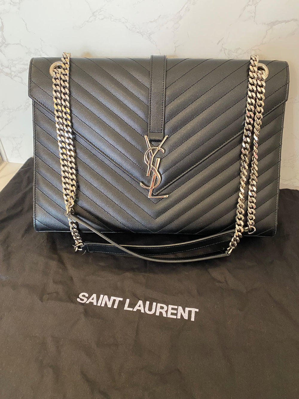 Pre Loved Yves Saint Laurent Black Leather Chevron Envelope Bag - Excellent