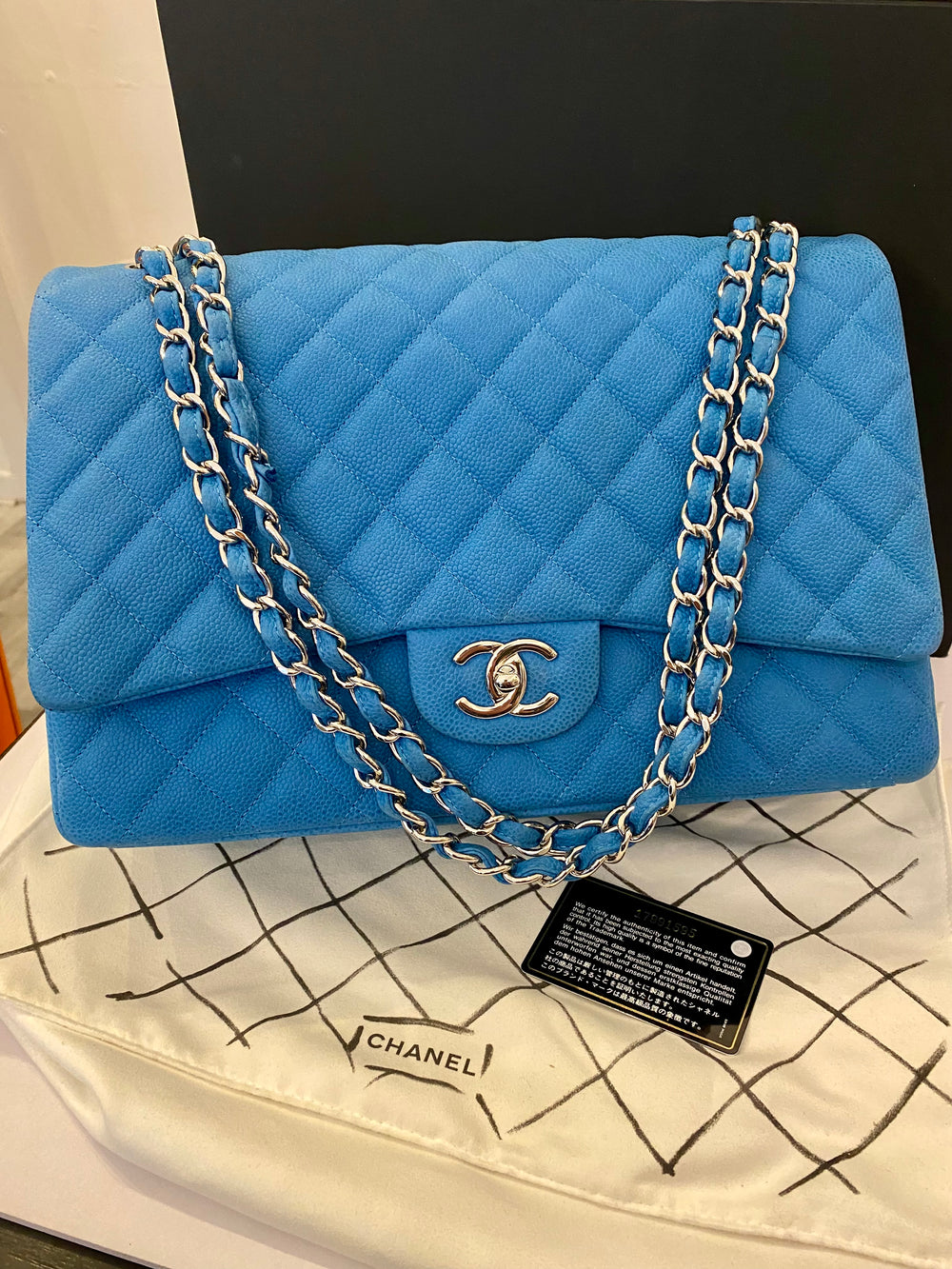 Pre Loved Chanel Classic Maxi Flap in Blue Suede Caviar