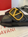 Pre Loved Valentino V Logo Buckle Black Leather Sandals uk5, fit uk 5.5  (excellent)