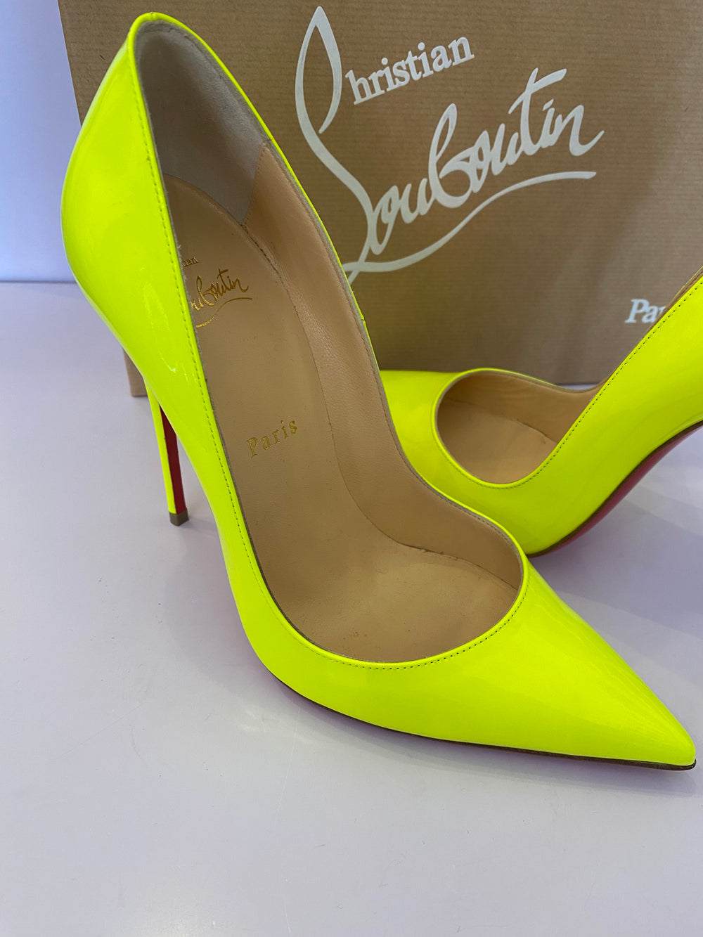 Pre Loved Christian Louboutin So Kate 120  Fluo Yellow Patent Heels UK4