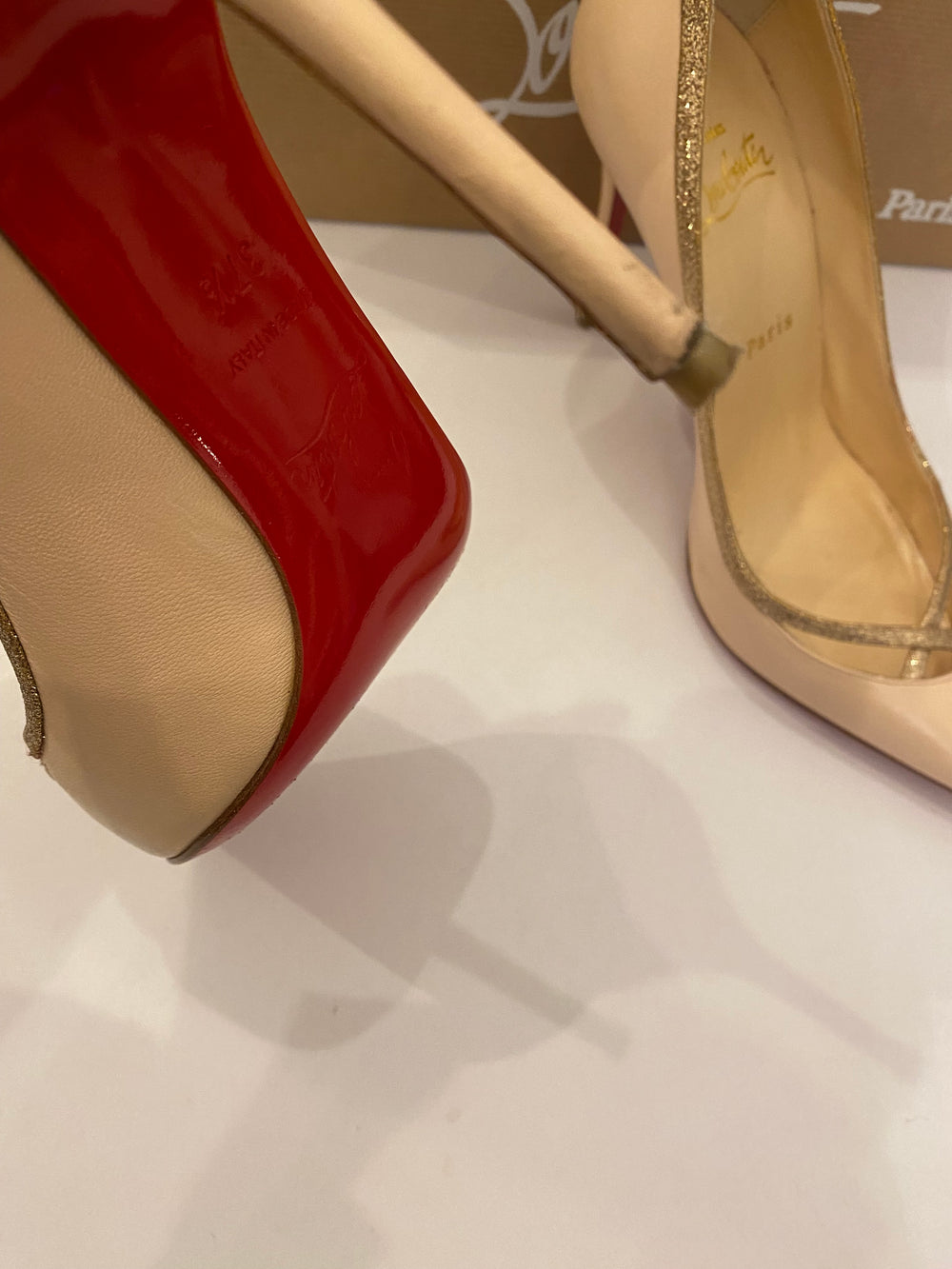 Pre Loved Christian Louboutin Glitter Princess 100 Heels  in Nude uk4.5