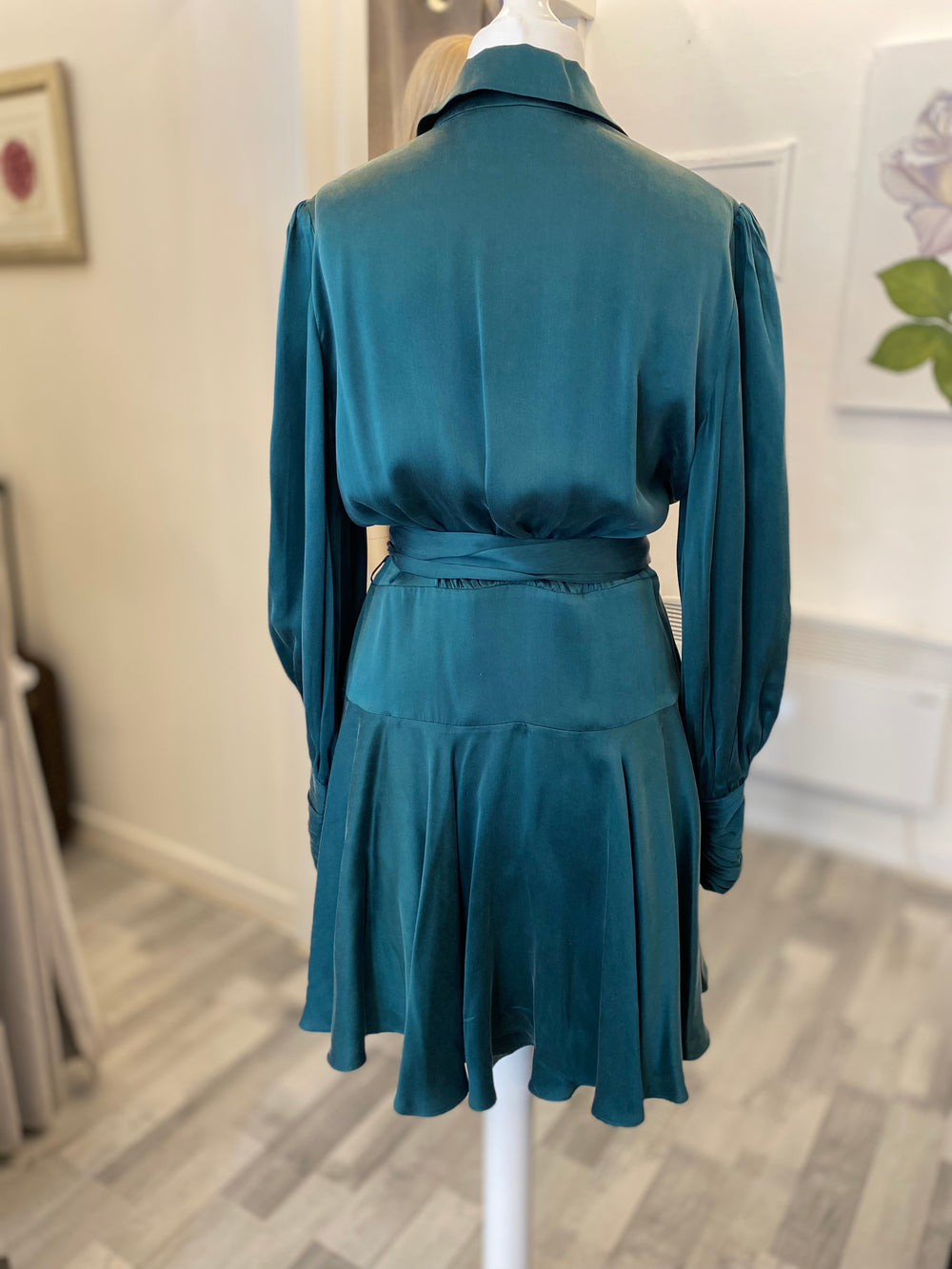 Pre Loved Zimmerman Bottle Green Silk Wrap Dress size 2 fits uk12 (excellent)