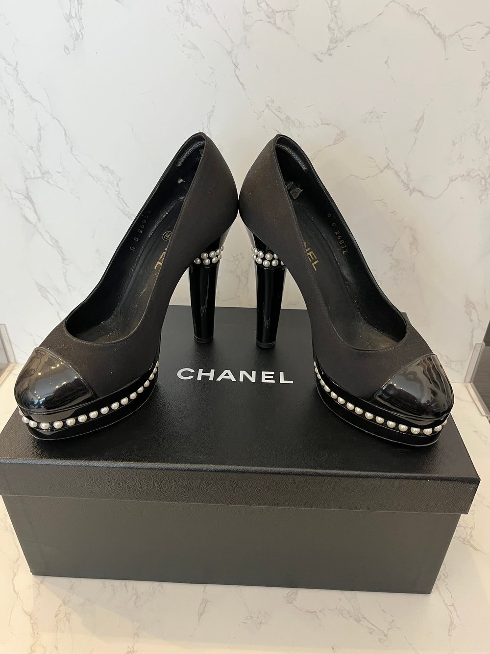 Pre Loved Chanel Black Satin & Patent Leather Heels Pearl Trim UK 5