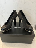 Pre Loved Chanel Black Satin & Patent Leather Heels Pearl Trim UK 5