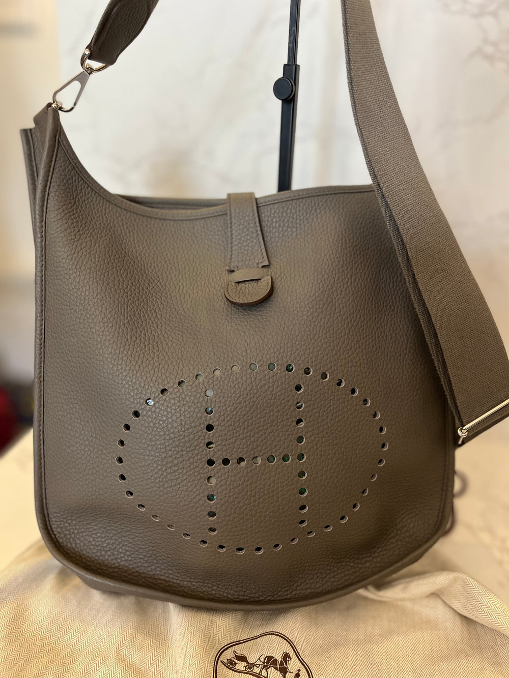 Pre Loved Hermes Evelyn in Etain with Palladium Hardware **RESERVED FM**