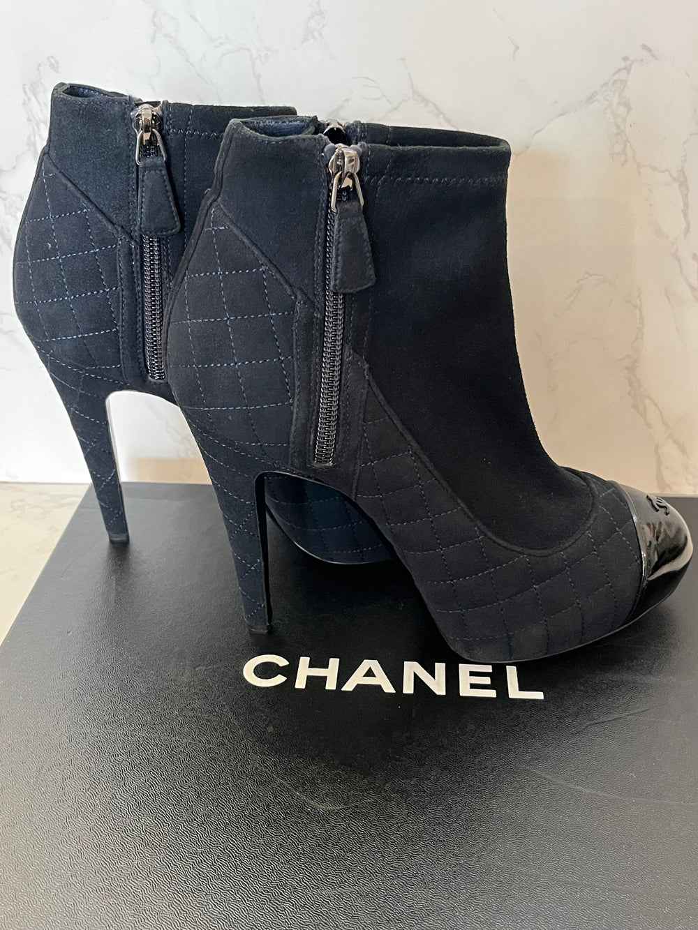 Pre Loved Chanel Black Quilted Suede Ankle Boots Size Uk 6