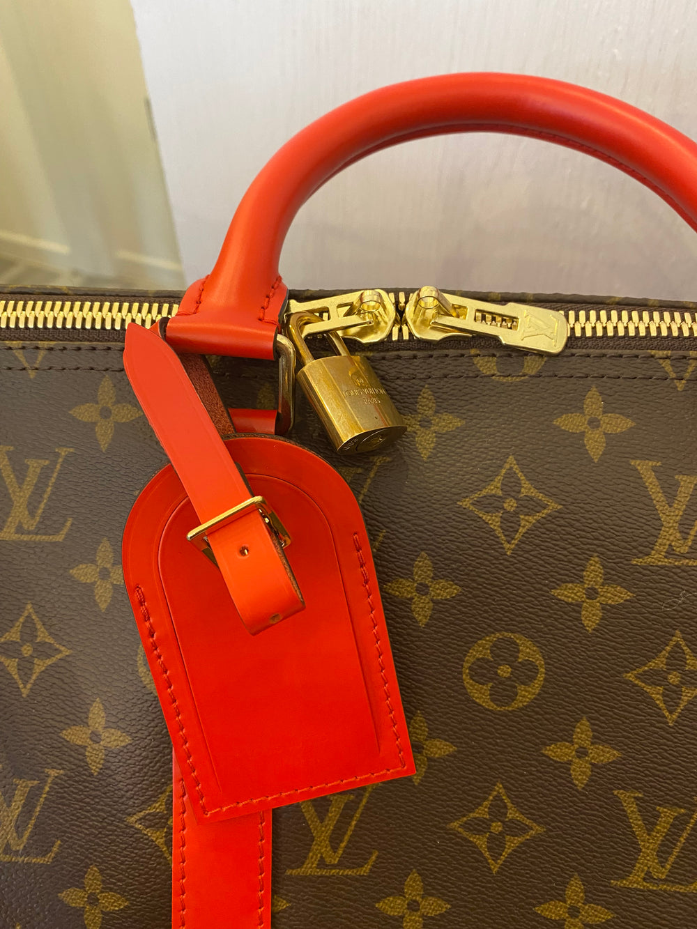 Pre Loved Louis Vuitton Monogram Keepall 50 With Red Leather Trim (excellent)