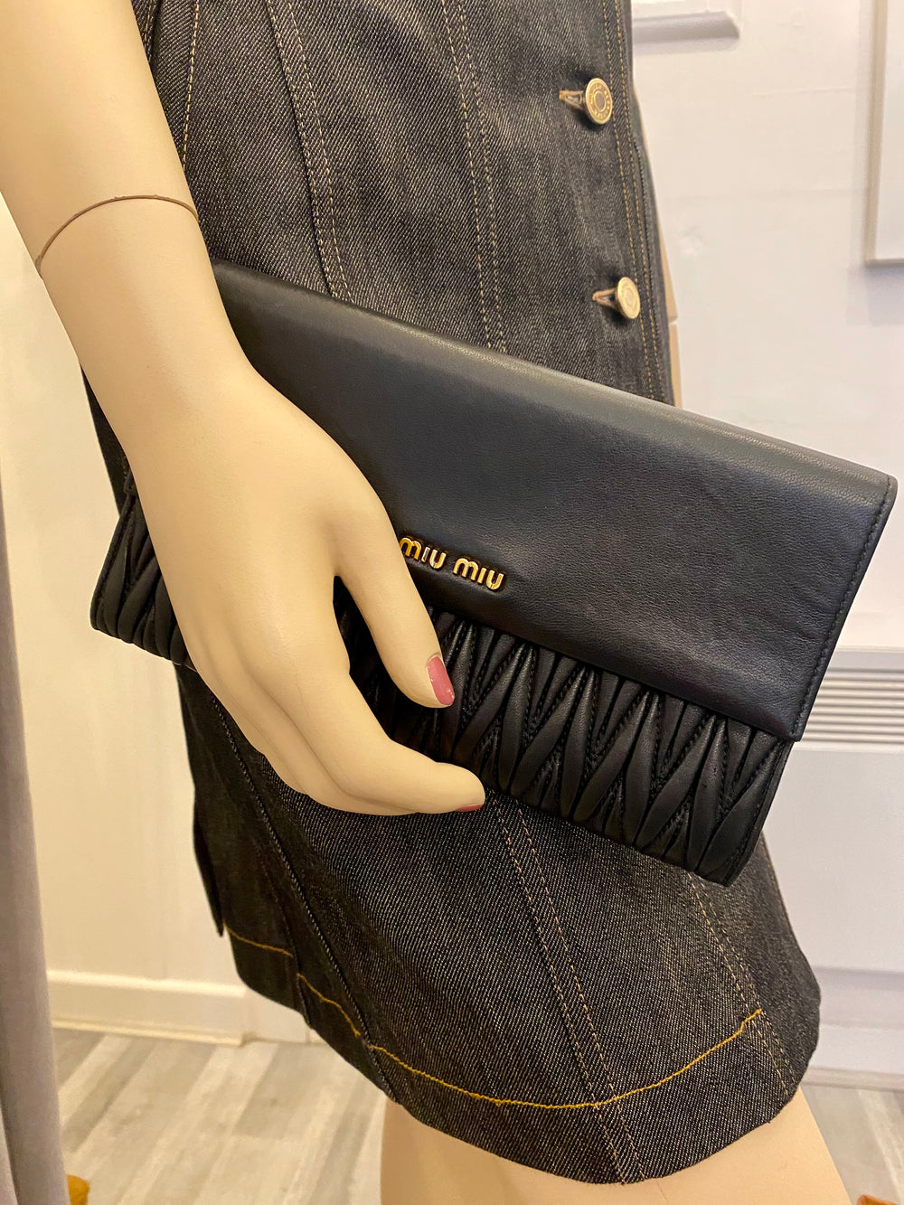 Pre Loved Miu Miu Black Matelasse Leather Flap Clutch Bag With Removable Pouch