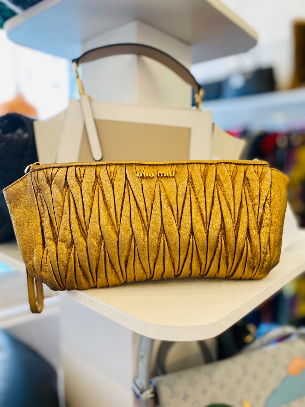 Pre Loved Miu Miu Matelasse Gold Wristlet Clutch Bag
