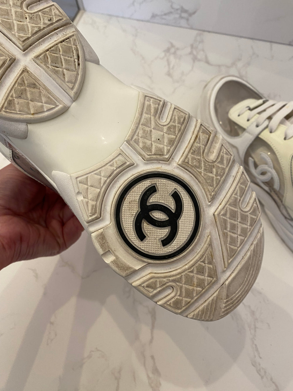 Pre Loved Chanel Off White Patent Leather Trainers UK3.5