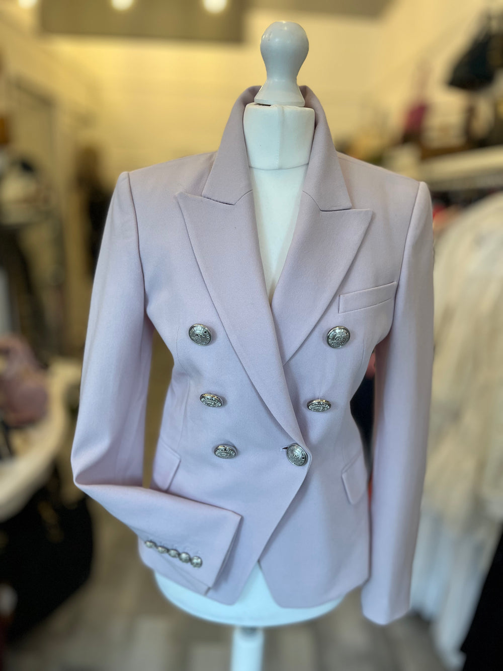 Pre Loved Balmain Double Breasted Lilac Wool Blazer size 34 fits UK 6