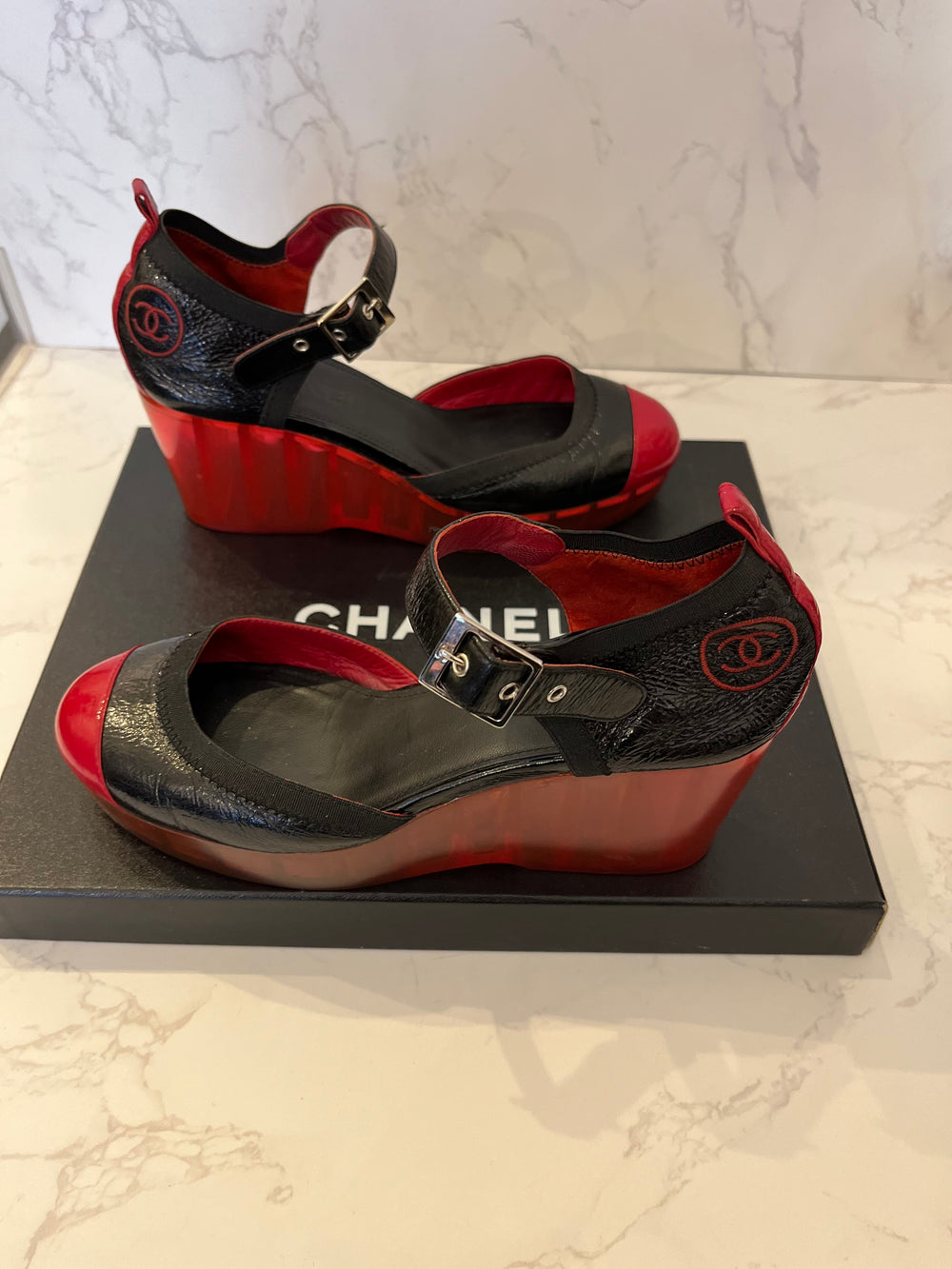 Pre Loved Chanel Black & Red Wedges UK 4