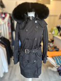 Pre Loved Burberry Black Trench Coat, Fox Fur Trim, Detachable Padded Gilet UK10 (excellent)