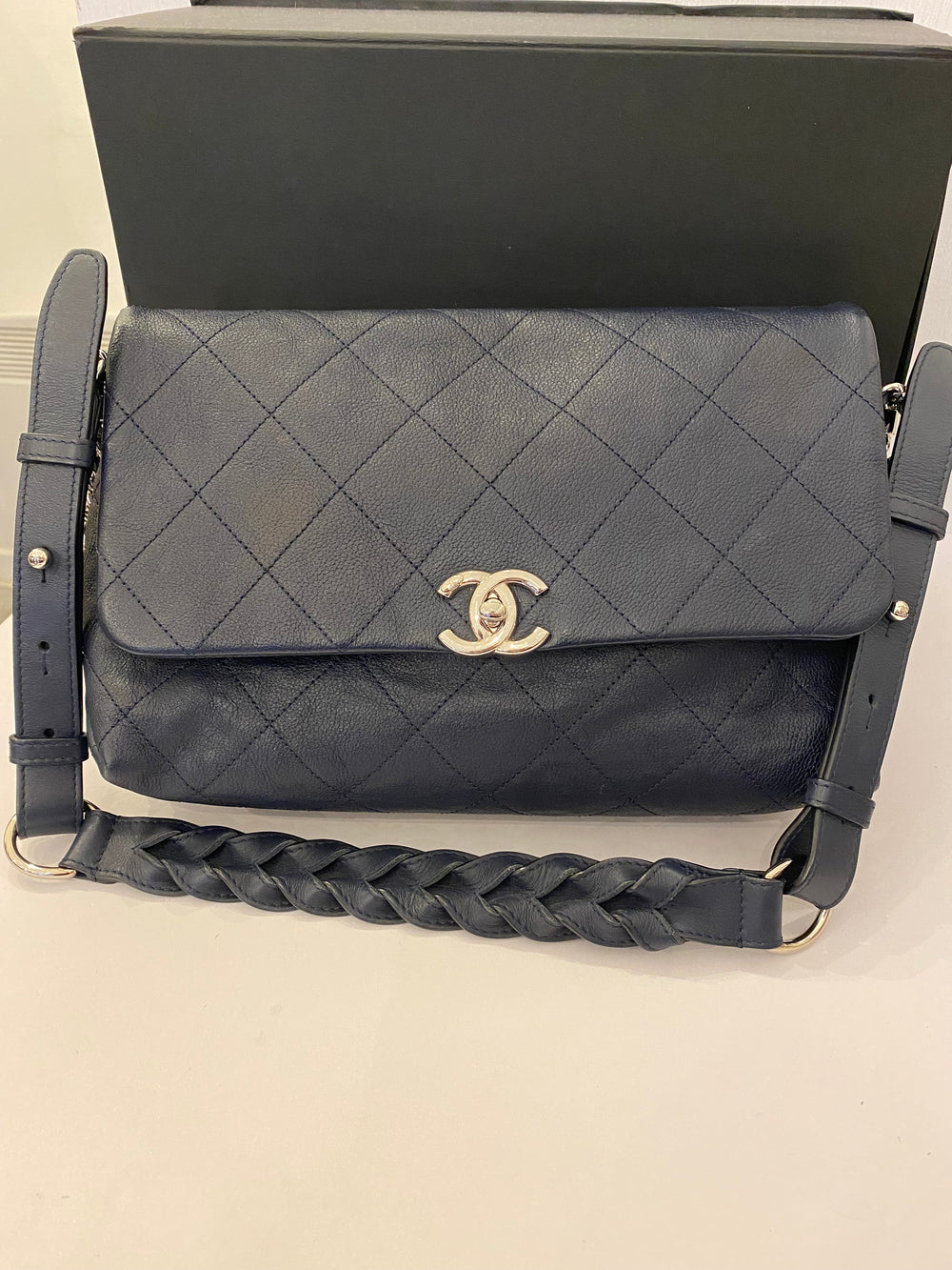 Pre Loved Chanel quilted Navy Braided Flap Bag (excellent)